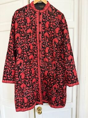Elegant Red Floral Embroidered Jacket - Women,
Hand Embroidered 100% Merino Wool